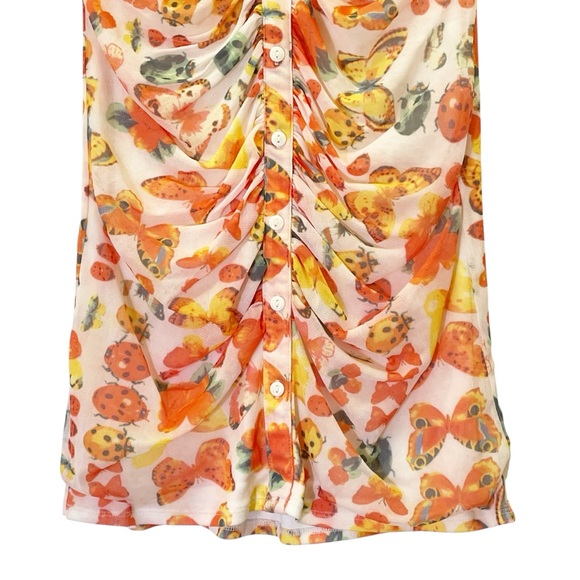 Urban Outfitters Riko Y2K Mesh Dress Orange Butterfly Ruched Mini Size Large - Picture 5 of 13